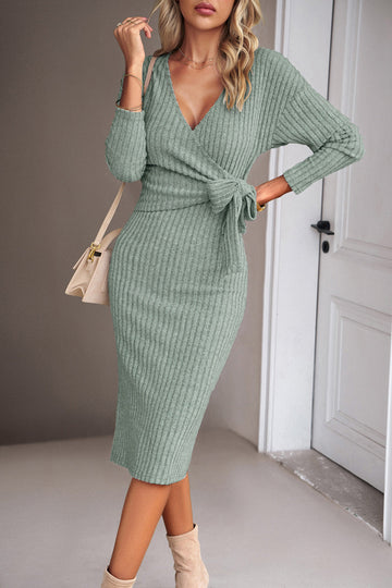 Green Long Sleeveles V-neck Casual Dress